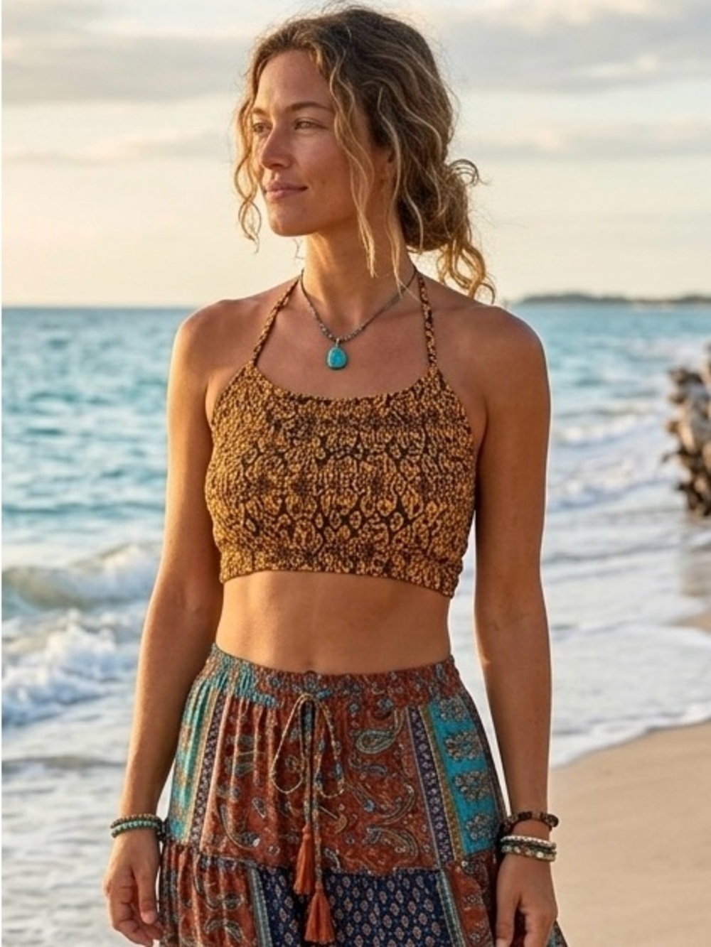New - Boho Smocked Cropped Halter Top - O/S